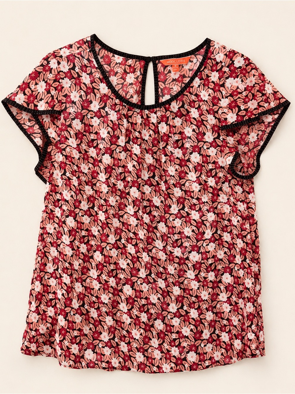 Modcloth Red & Pink Floral Flutter-Sleeve Blouse